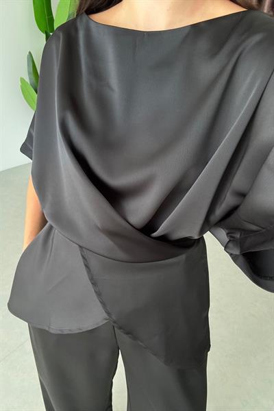 Ribbon Siyah Saten Bluz Pantolon Takım