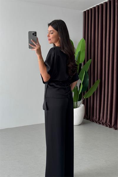 Ribbon Siyah Saten Bluz Pantolon Takım