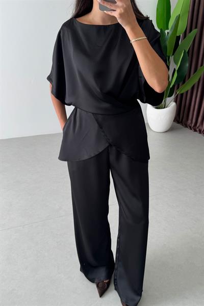 Ribbon Siyah Saten Bluz Pantolon Takım