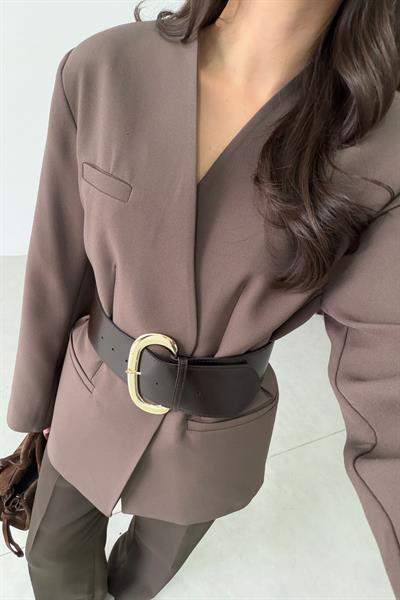 Ripa Kahve Kemerli Yakasız Blazer