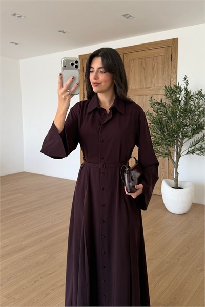 Romy Mürdüm Kemerli Krep Kumaş Gömlek Elbise