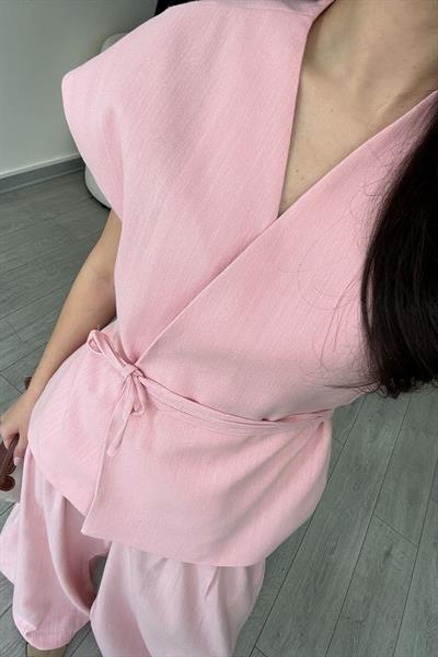 Romy Pembe Keten Yelek Pantolon Takım