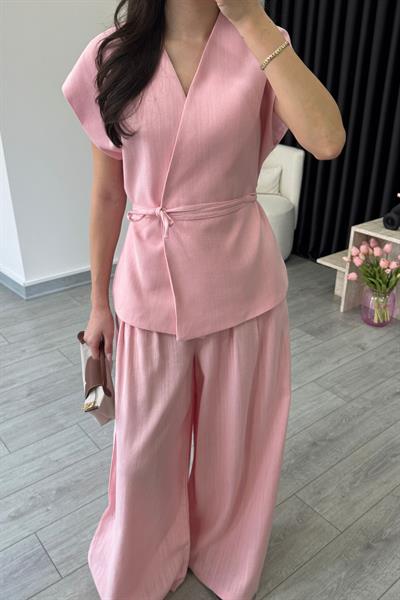 Romy Pembe Keten Yelek Pantolon Takım