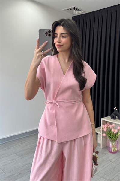 Romy Pembe Keten Yelek Pantolon Takım