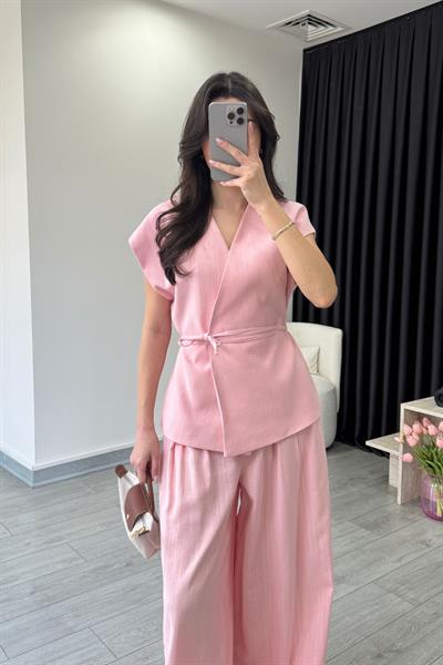 Romy Pembe Keten Yelek Pantolon Takım