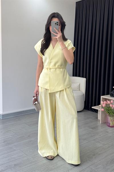 Romy Sarı Keten Yelek Pantolon Takım