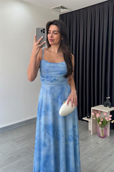 Rose Mavi Askılı Tül Elbise 