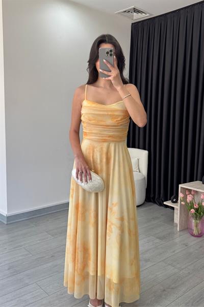 Rose Sarı Askılı Tül Elbise 