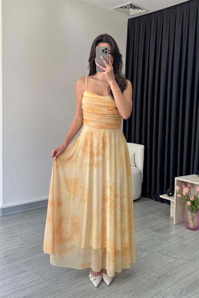 Rose Sarı Askılı Tül Elbise 