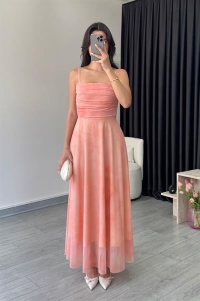 Rose Somon Askılı Tül Elbise 
