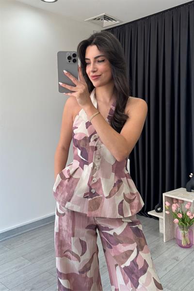 Rosi Pembe Desenli Keten Takım