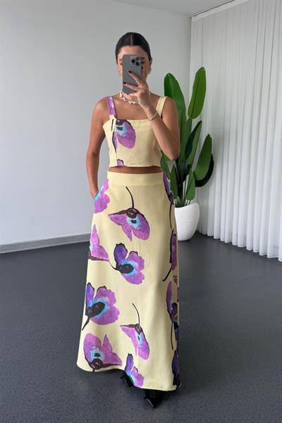 Rout Çiçek Desenli Keten Crop Etek Takım