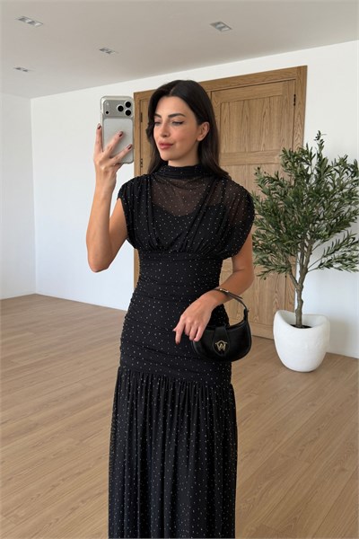 Roy Siyah Taş Detay Maxi Tül Elbise