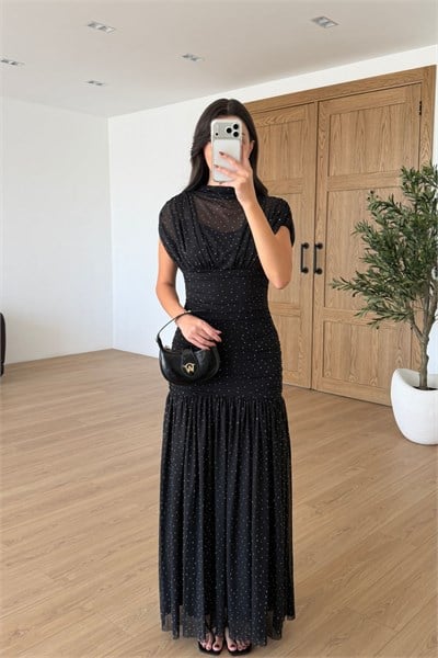 Roy Siyah Taş Detay Maxi Tül Elbise