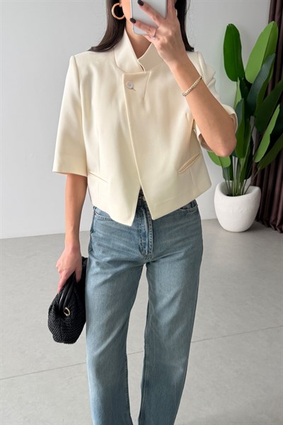 Sage Ekru Dik Yaka Crop Ceket
