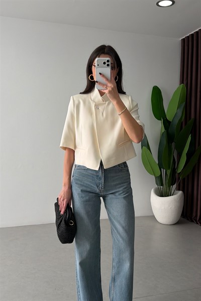 Sage Ekru Dik Yaka Crop Ceket