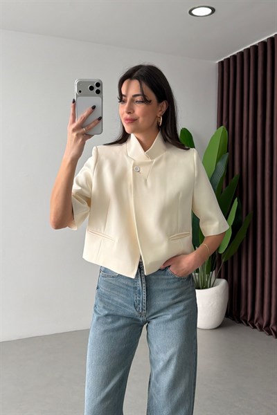 Sage Ekru Dik Yaka Crop Ceket