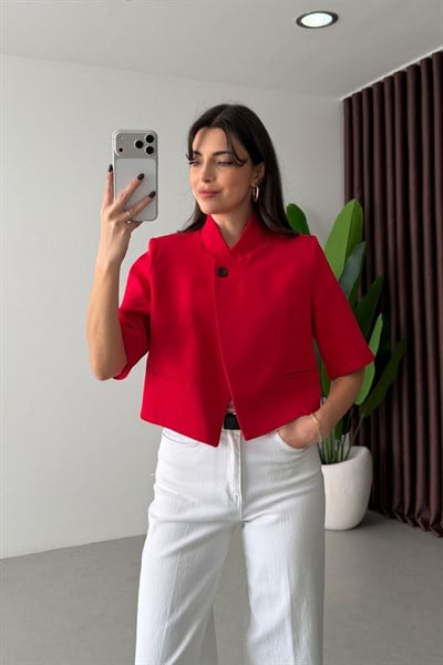 Sage Kırmızı Dik Yaka Crop Ceket