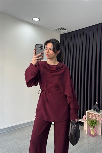 Şal Yaka Bordo Bluz Pantolon Takım