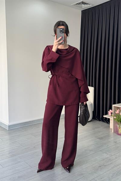 Şal Yaka Bordo Bluz Pantolon Takım