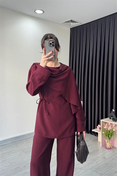 Şal Yaka Bordo Bluz Pantolon Takım