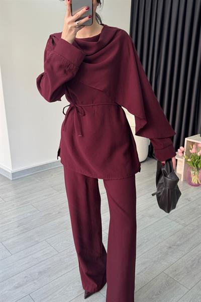 Şal Yaka Bordo Bluz Pantolon Takım