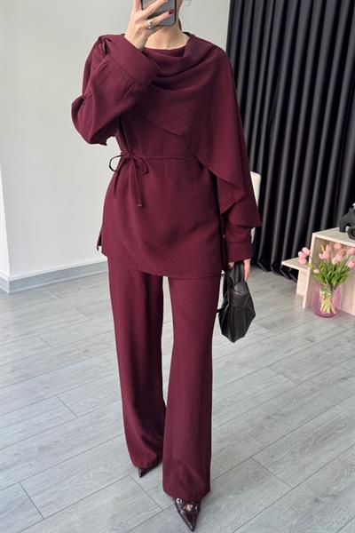 Şal Yaka Bordo Bluz Pantolon Takım