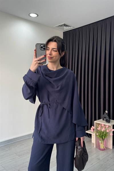 Şal Yaka Lacivert Bluz Pantolon Takım