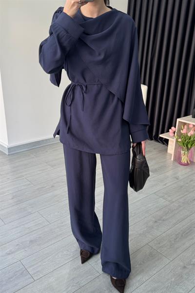 Şal Yaka Lacivert Bluz Pantolon Takım