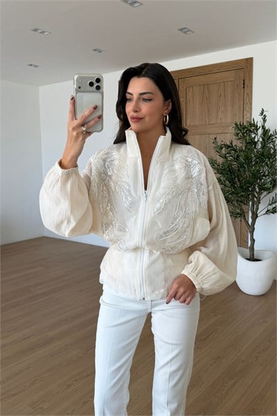 Sandra Ekru Dantelli İşlemeli Tasarım Ceket