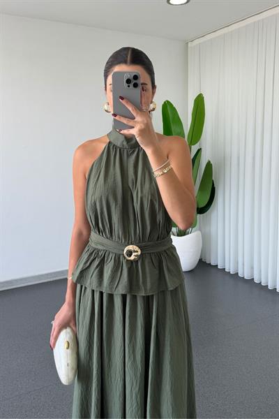 Sandra Haki Toka Detay Bluz Etek Takım