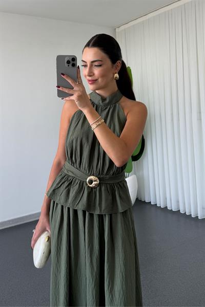 Sandra Haki Toka Detay Bluz Etek Takım