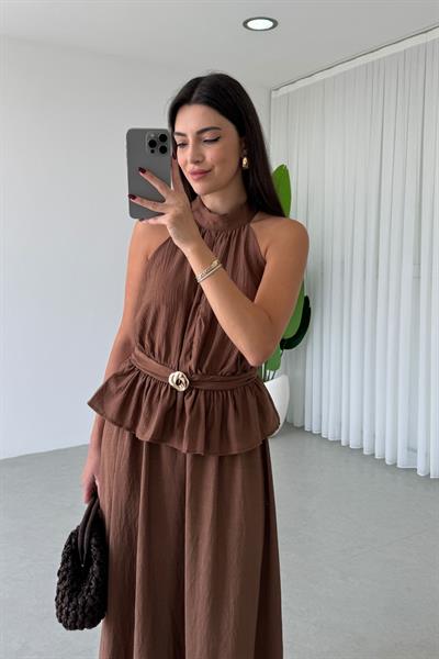 Sandra Kahve Toka Detay Bluz Etek Takım
