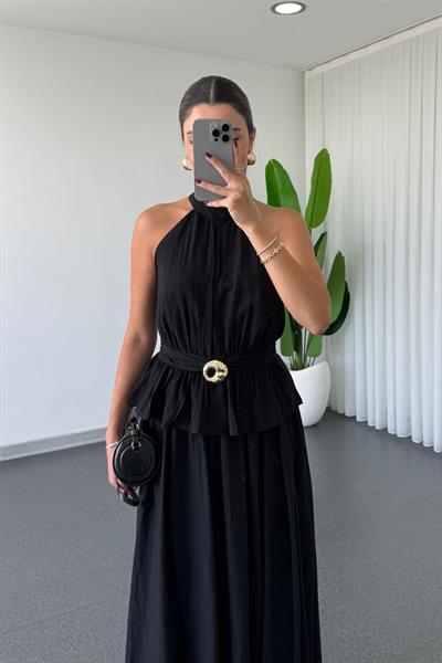 Sandra Siyah Toka Detay Bluz Etek Takım