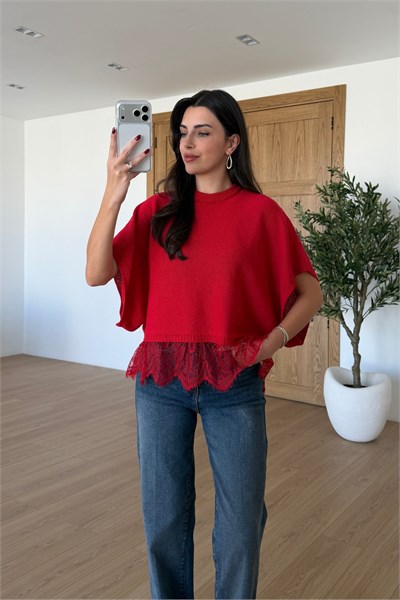 Sanie Kırmızı Dantel Detay Triko Bluz
