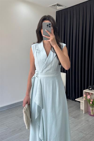 Sara Mavi Kruvaze Kesim Keten Elbise