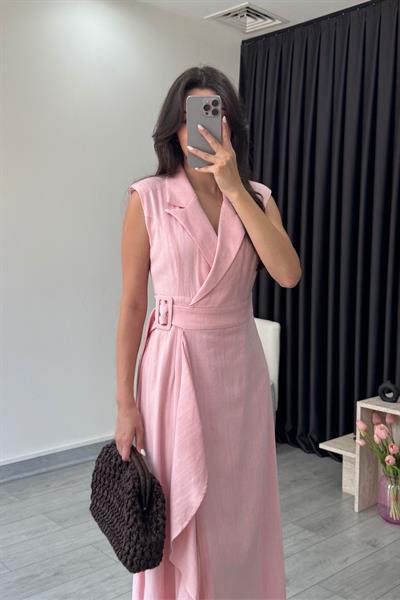 Sara Pembe Kruvaze Kesim Keten Elbise
