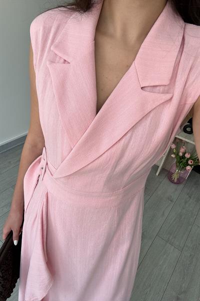 Sara Pembe Kruvaze Kesim Keten Elbise