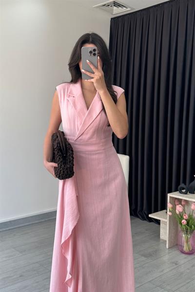 Sara Pembe Kruvaze Kesim Keten Elbise