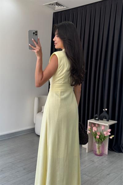 Sara Sarı Kruvaze Kesim Keten Elbise