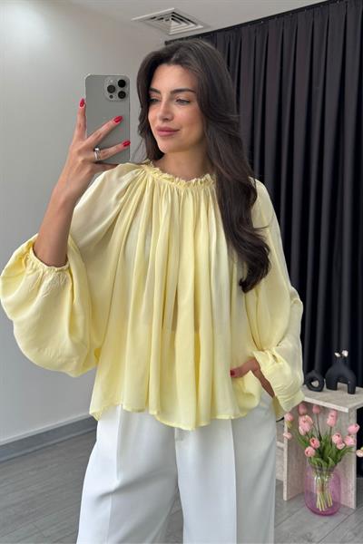 Jesy Sarı Büzgü Yaka Şifon Buluz 
