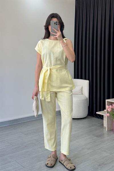 Sarı Omzu Burgulu Keten Bluz Pantolon Takım