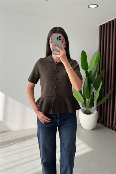 Senta Kahve Kısa Kollu Volanlı Hırka