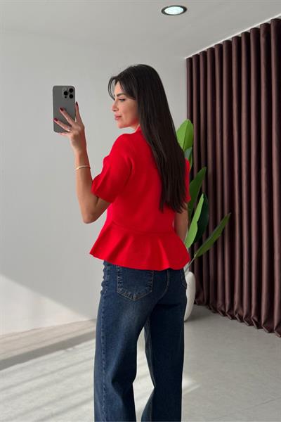 Senta Kırmızı Kısa Kollu Volanlı Hırka