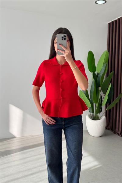 Senta Kırmızı Kısa Kollu Volanlı Hırka