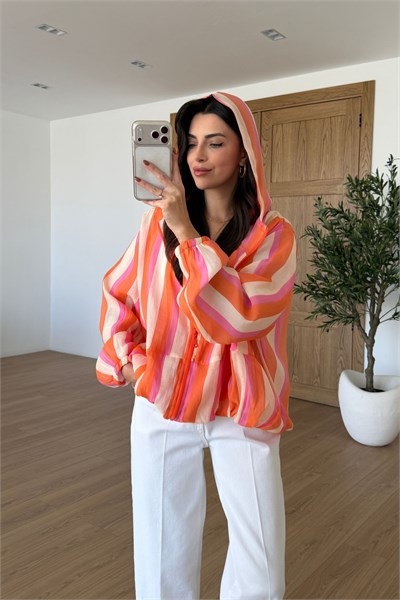 Shine Turuncu Çizgili Kapüşonlu Yağmurluk