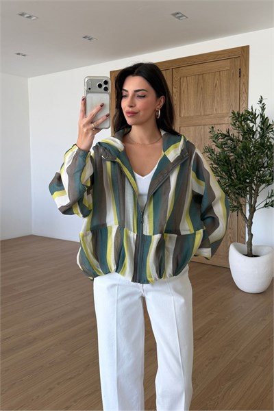 Shine Yeşil Çizgili Kapüşonlu Yağmurluk