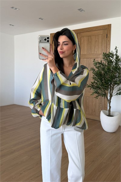Shine Yeşil Çizgili Kapüşonlu Yağmurluk