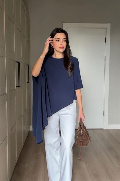 Sia Lacivert Vatkalı Asimetrik Kesim Modal Bluz