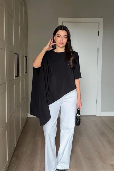Sia Siyah Vatkalı Asimetrik Kesim Modal Bluz